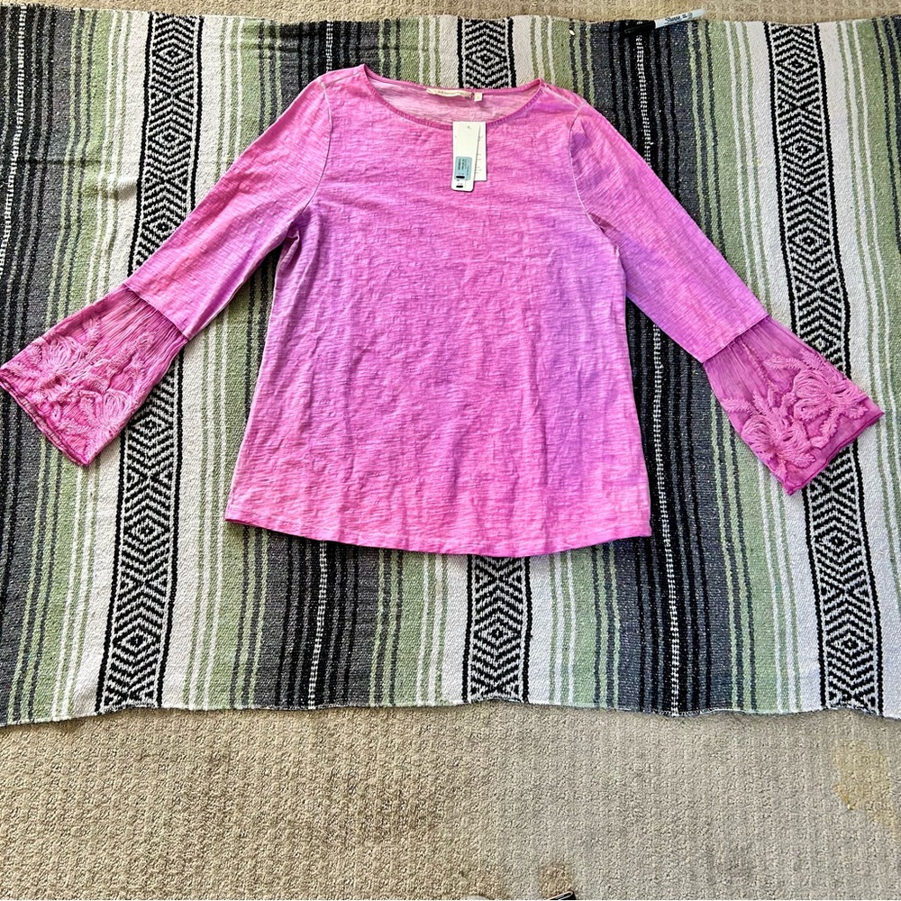 NWT soft surroundings pink/purple tie dye bell sleeve top organza floral design